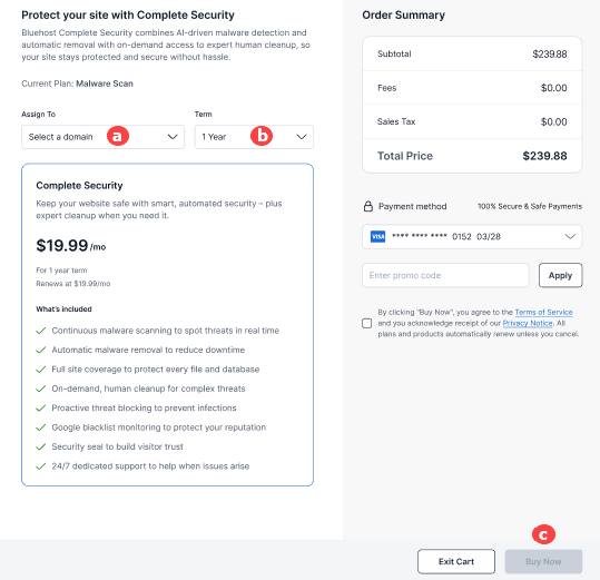 Bluehost Malware Protection - Select a Domain, Terms, and Buy Now